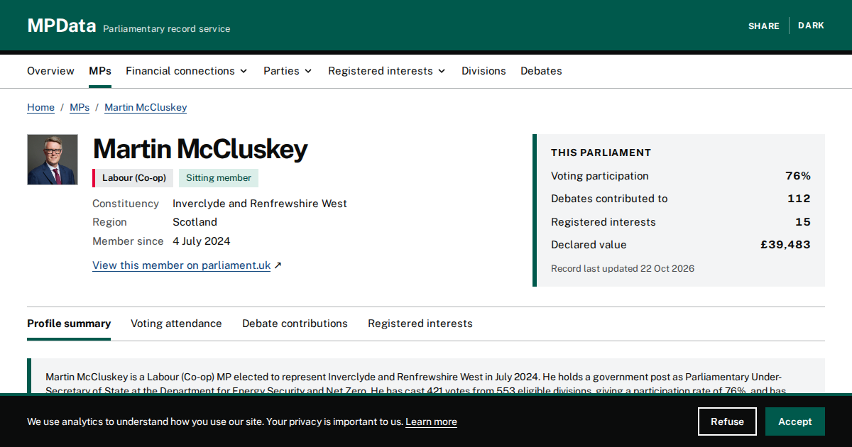 Martin McCluskey MP Profile | Inverclyde and Renfrewshire West | MPData