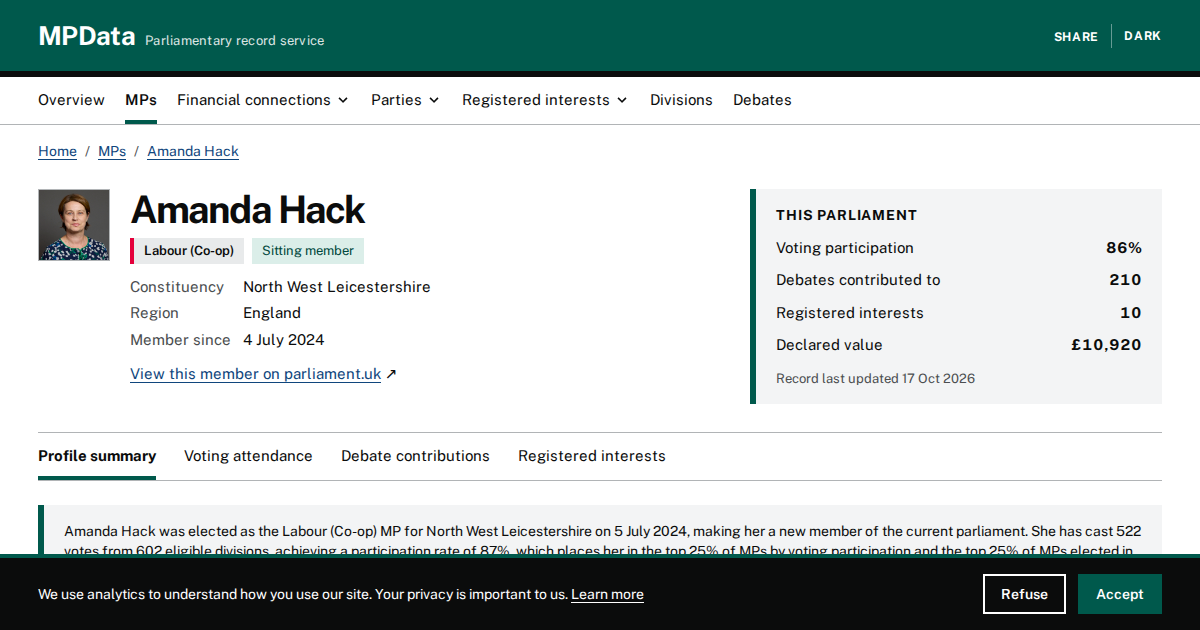Amanda Hack MP Profile | North West Leicestershire | MPData