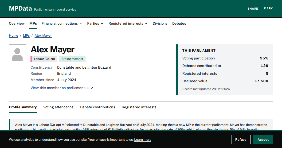Alex Mayer MP Profile | Dunstable and Leighton Buzzard | MPData