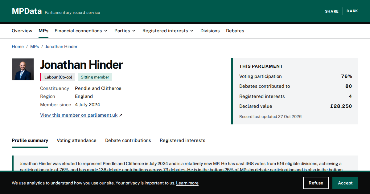 Jonathan Hinder MP Profile | Pendle and Clitheroe | MPData